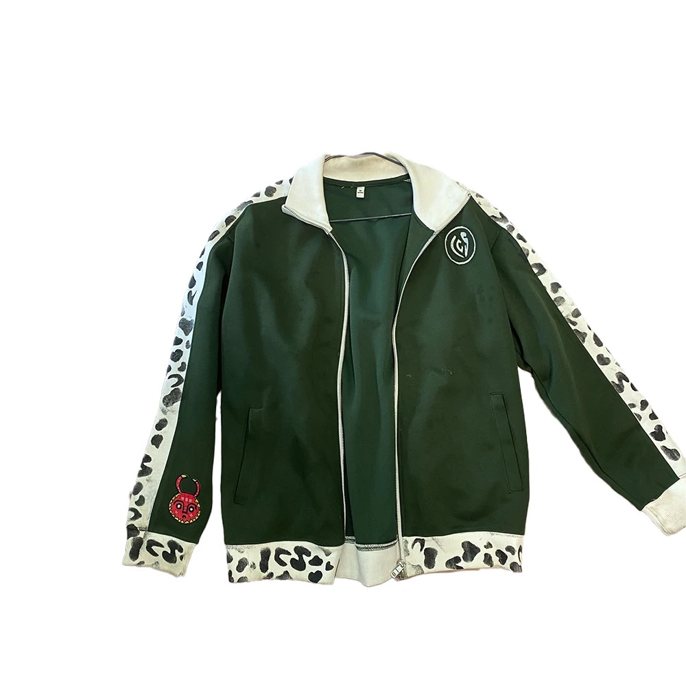 HAND BRUSH PAINTED ICS COW PRINT GREEN JACKET - green jacket, ICS clothing by ONLY IBEE, photograph 1 of 1