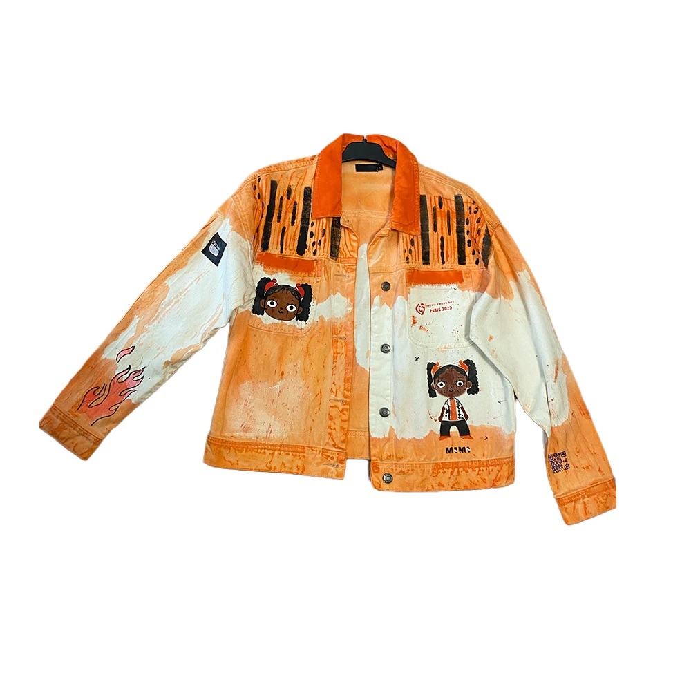 PAINTED ORANGE DENIM JACKET — MIMI - orange jacket, ICS clothing by ONLY IBEE, photograph 1 of 1